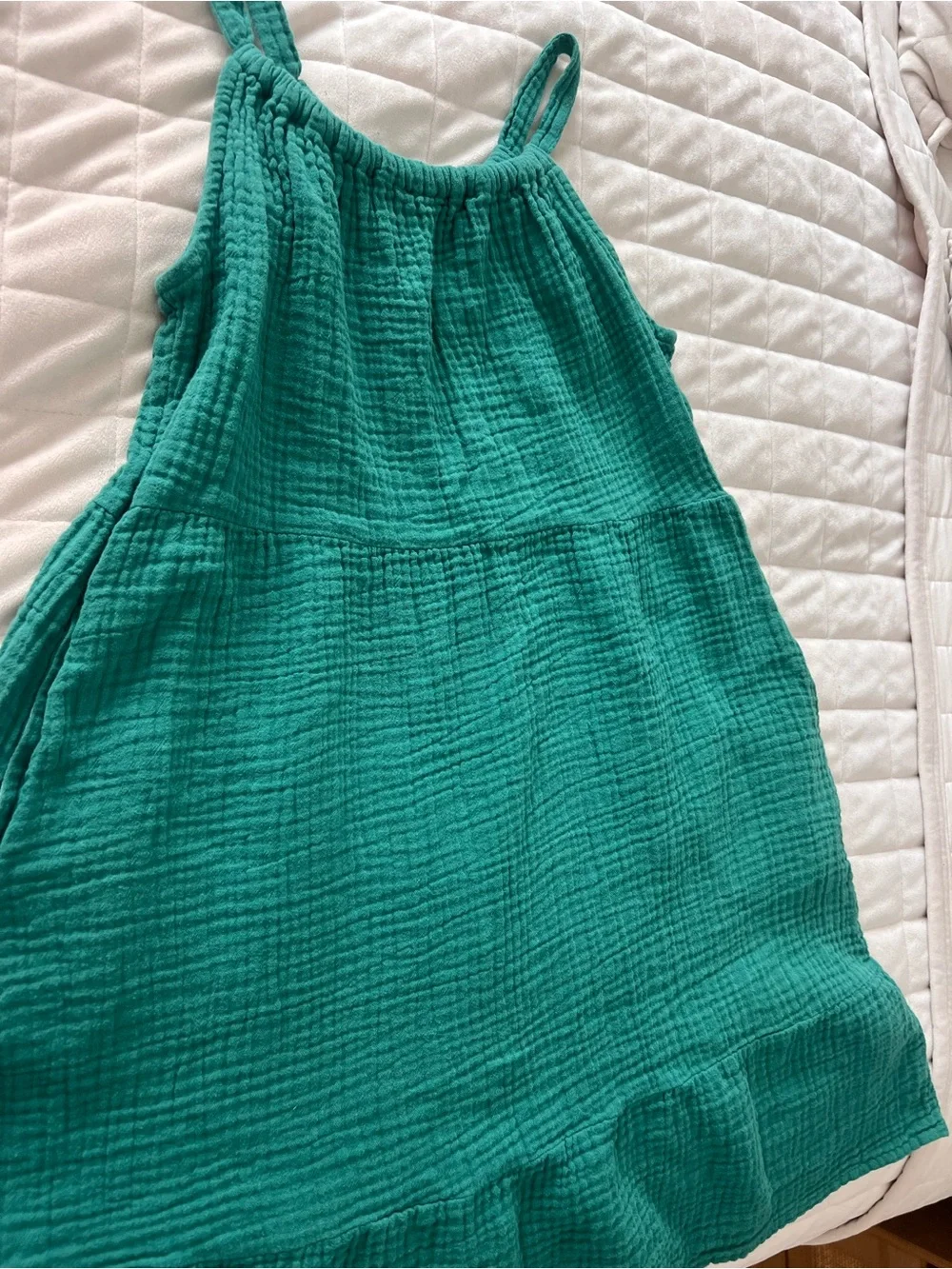 Girls’ Emerald Green Cotton Gauze Skater Dress with Ruffle Hem